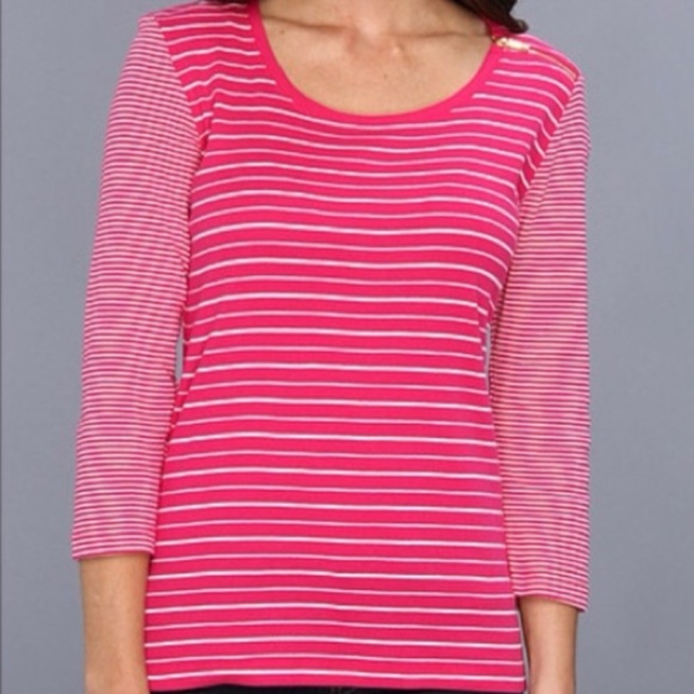 Jones New York 3/4 sleeve pink white striped Tshirt size small